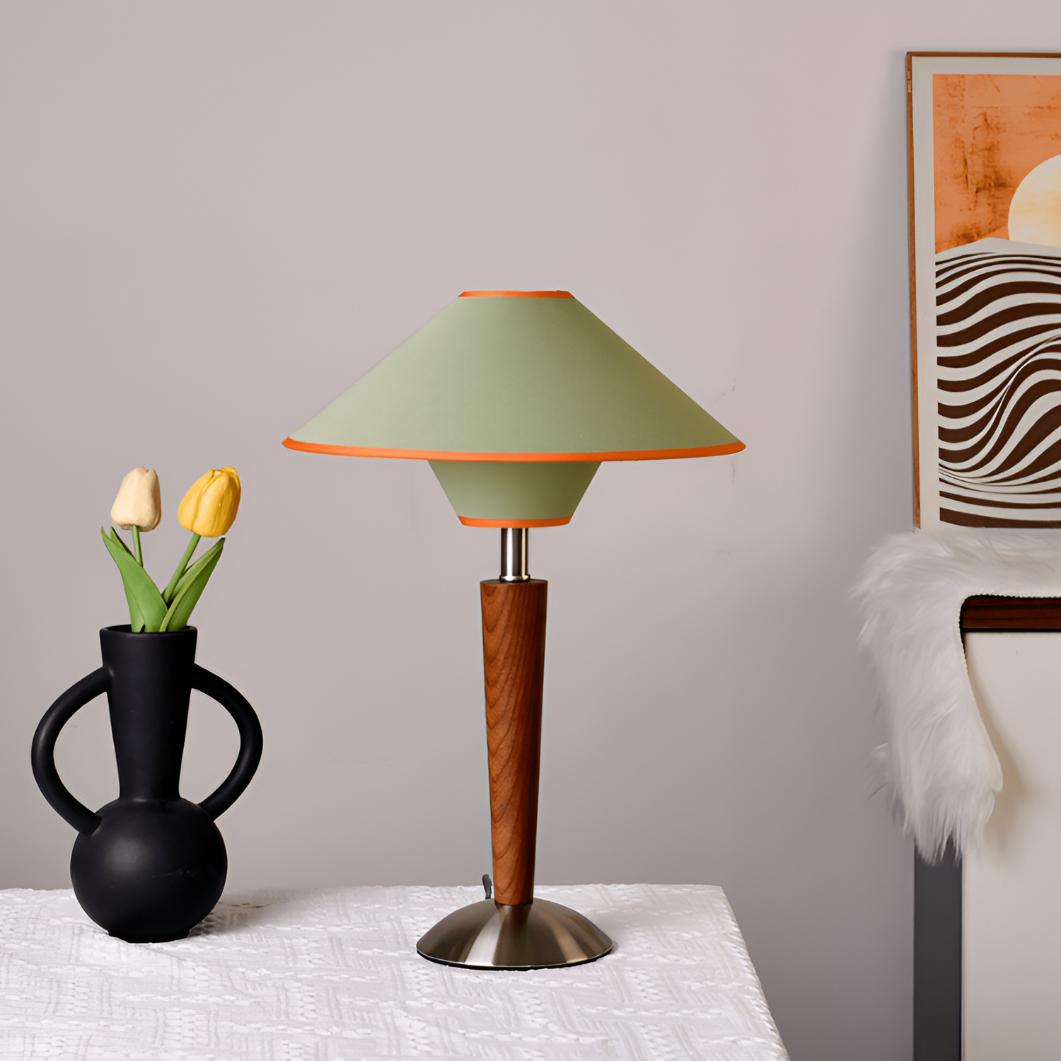 Vintage Massivt Træ Linned Bordlampe - Minimalistisk