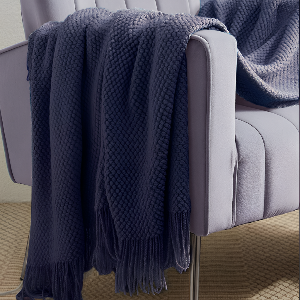 Grovstrikket Plaid Med Frynser - Minimalistisk