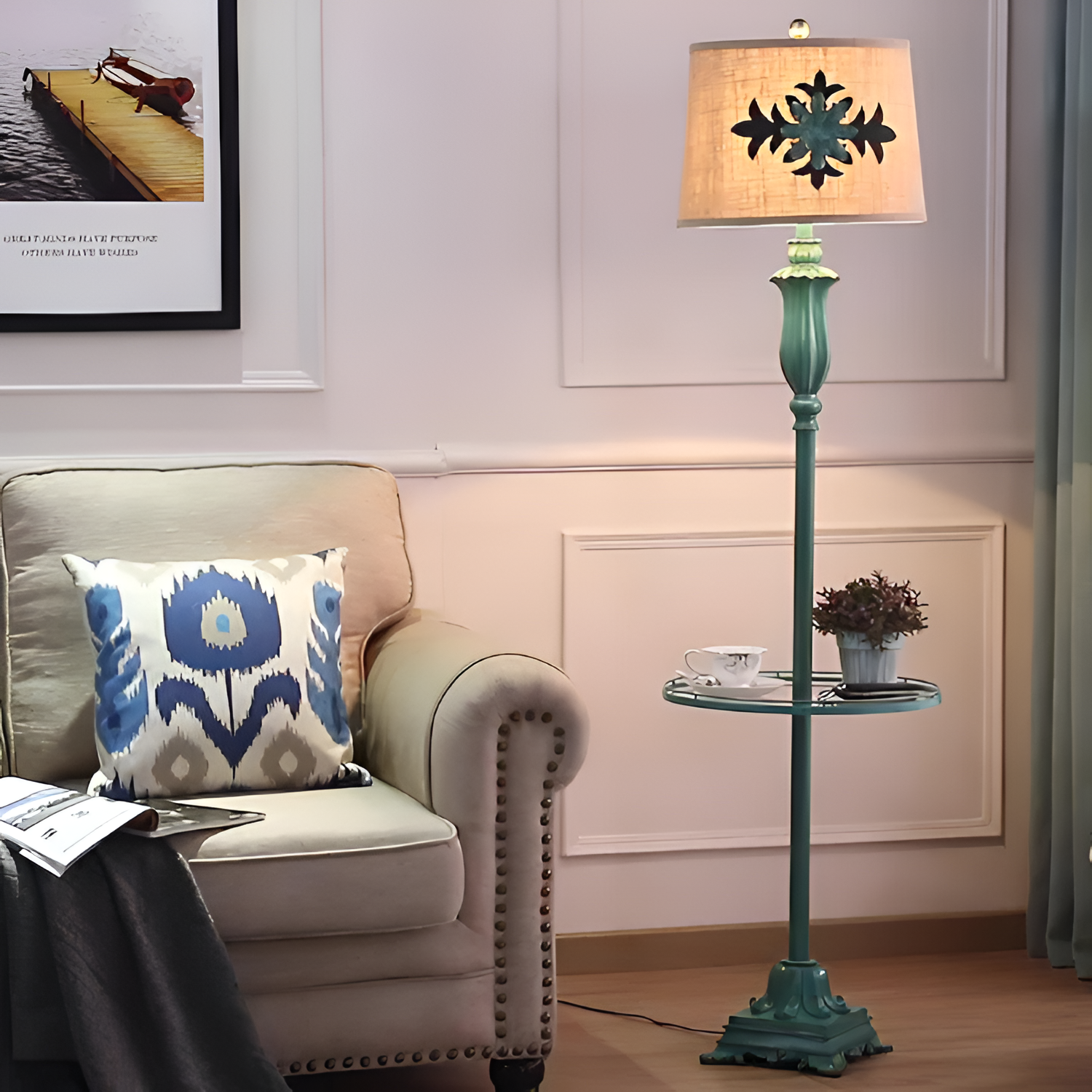 Antik floral gulvlampe - Med bordbakke