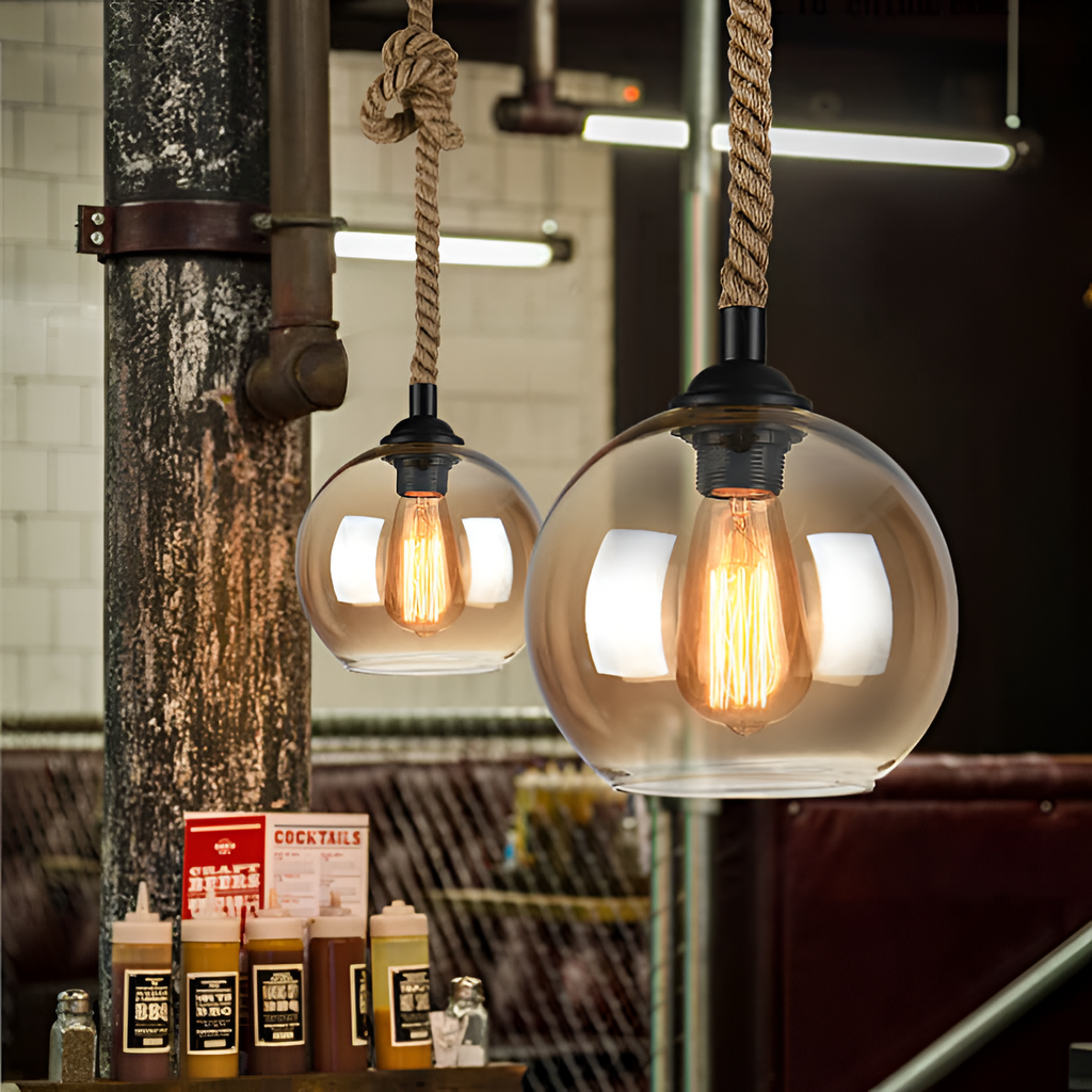 Retro industriel pendel i sisal med glaskuppel – med flettet reb