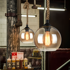 Retro industriel pendel i sisal med glaskuppel – med flettet reb