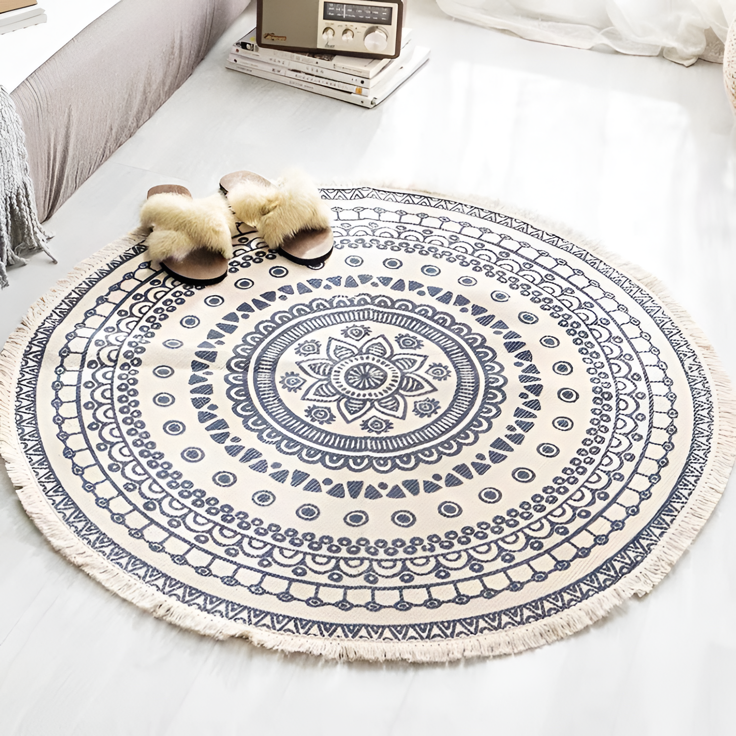 Mandala-mønstret Rundt Gulvtæppe Med Kvaster - Indretning Boho