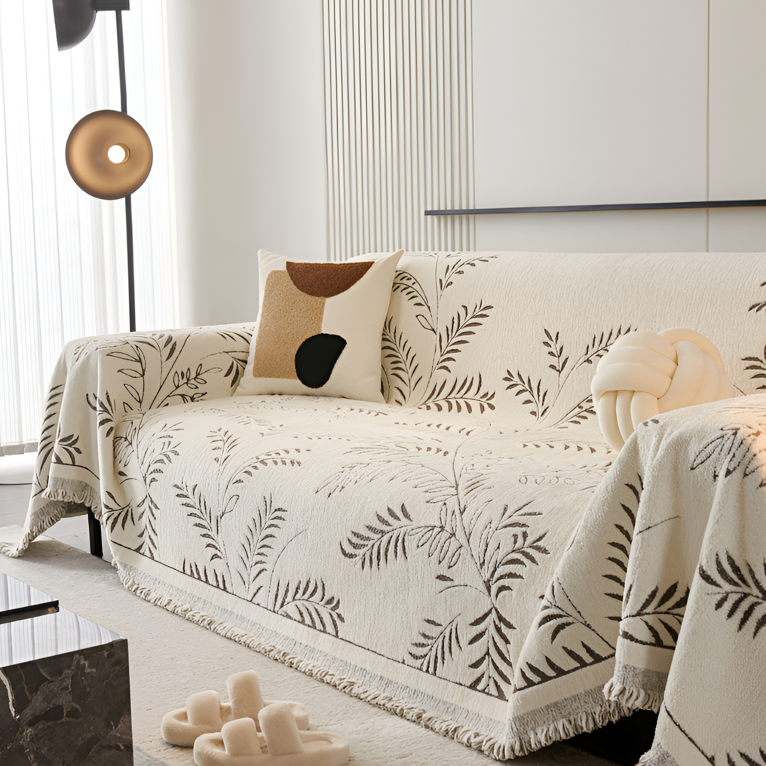 Minimalistisk Frynse Sofa Tæppe - Botanisk