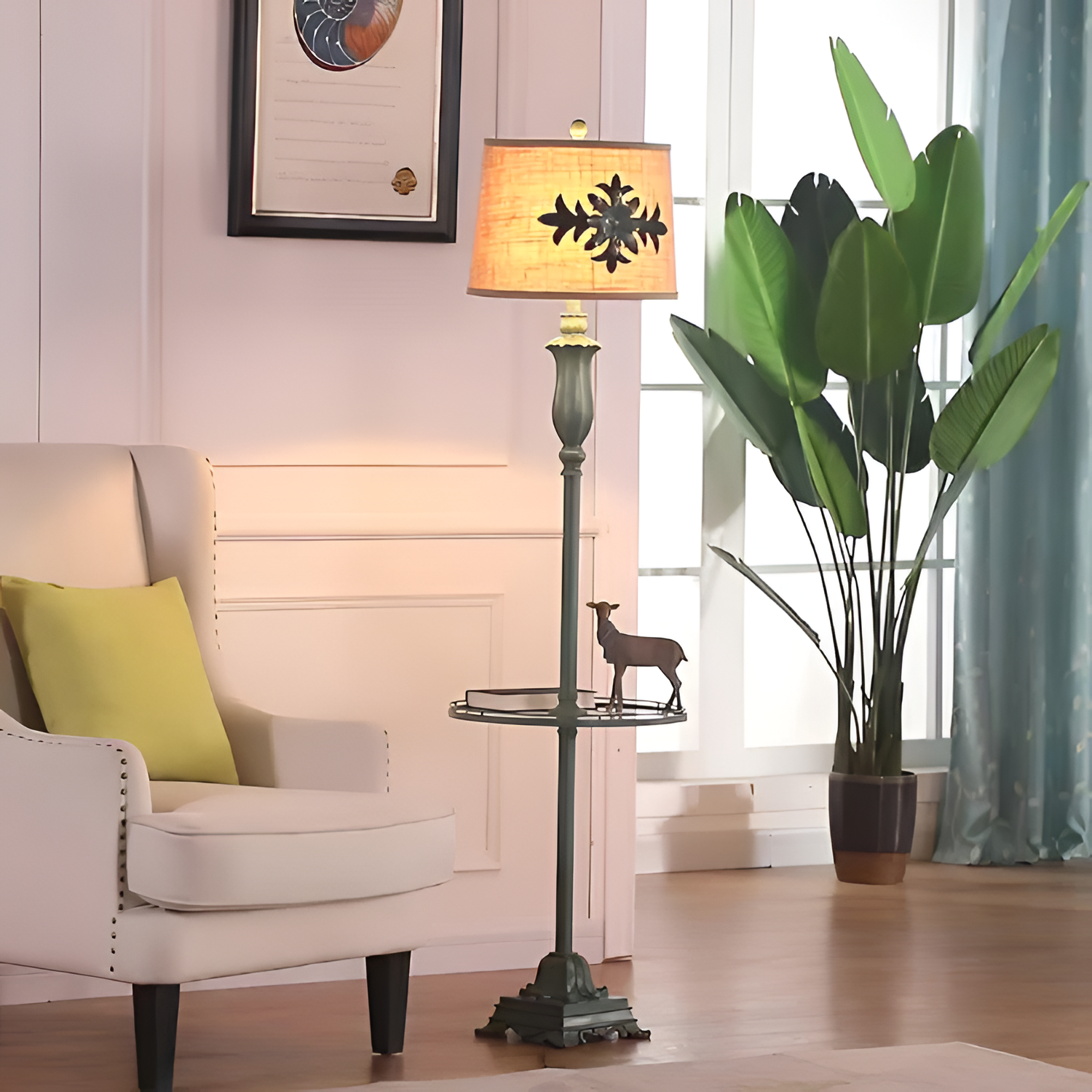 Antik floral gulvlampe - Med bordbakke