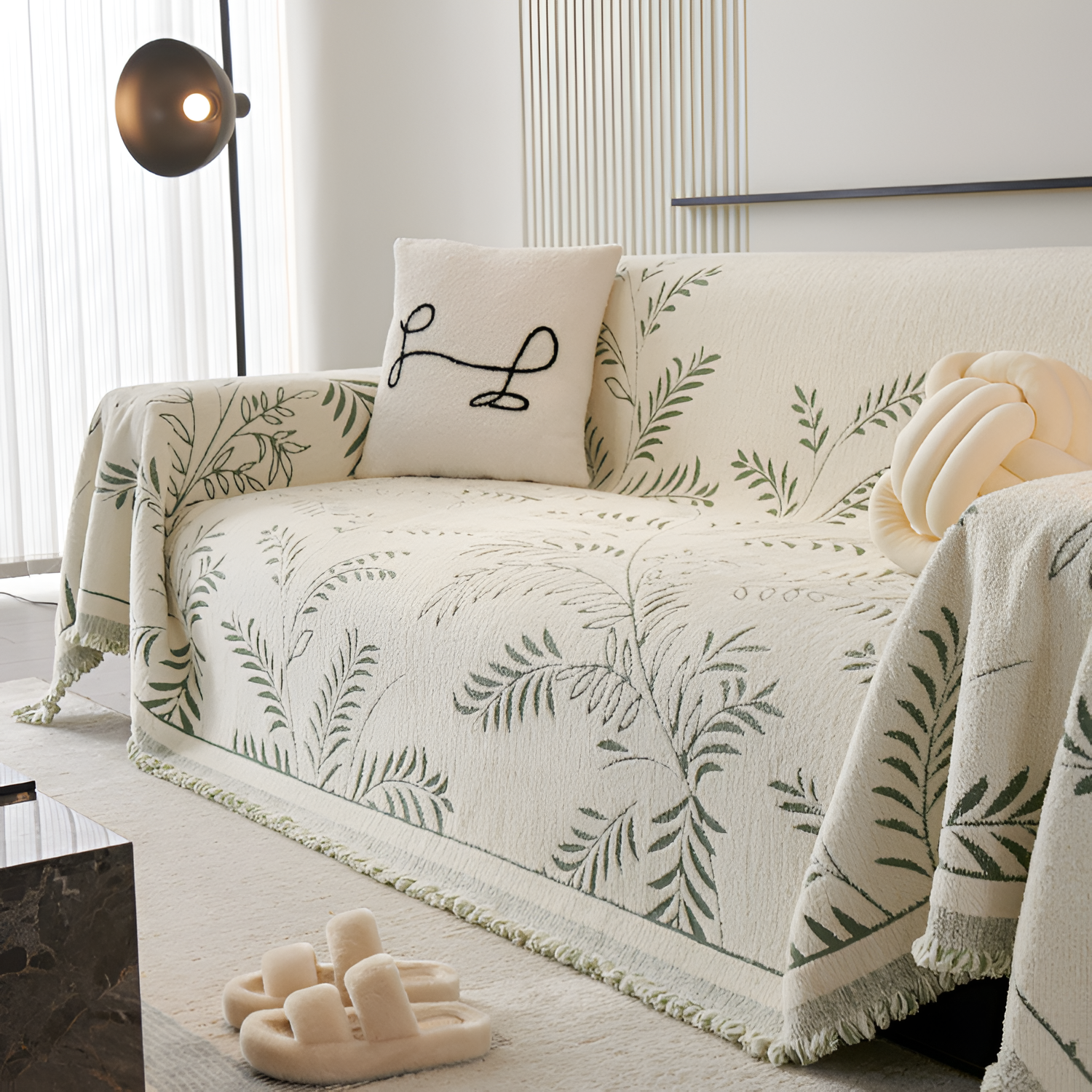 Minimalistisk Frynse Sofa Tæppe - Botanisk