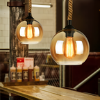 Retro industriel pendel i sisal med glaskuppel – med flettet reb