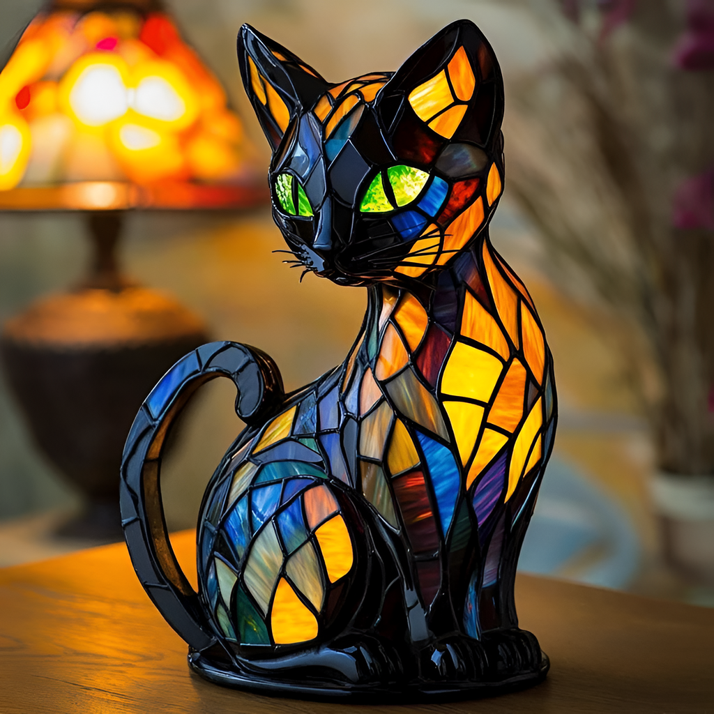 Mosaik Katte Bordlampe - Farverigt Glas til Stuen LED