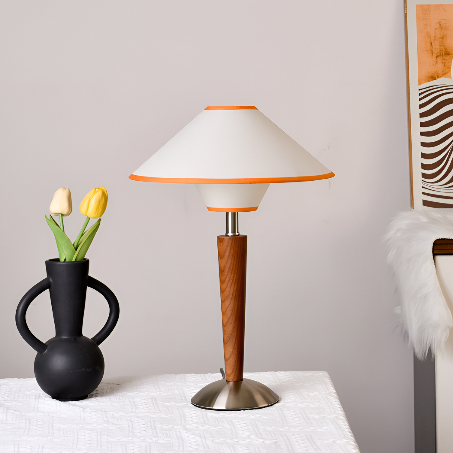 Vintage Massivt Træ Linned Bordlampe - Minimalistisk
