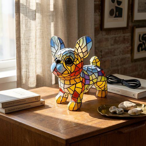 Fransk Bulldog-lampe i farvet harpiks - Skrivebordslampe