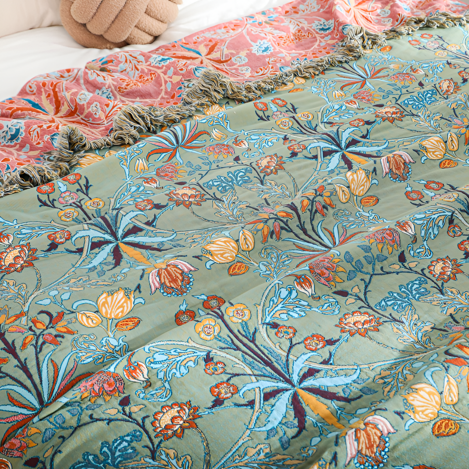 Jacquard Frynsesyet Sengedække - Floral