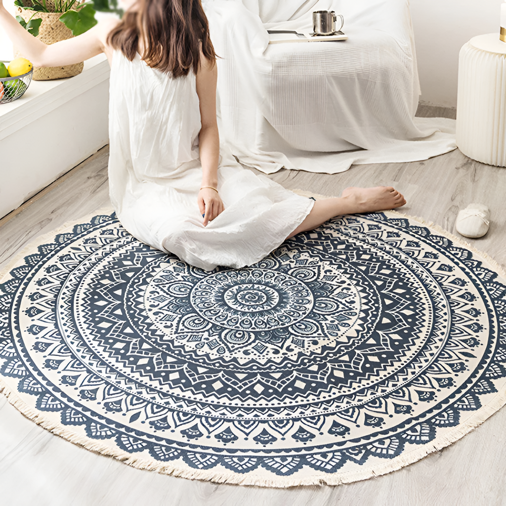 Mandala-mønstret Rundt Gulvtæppe Med Kvaster - Indretning Boho