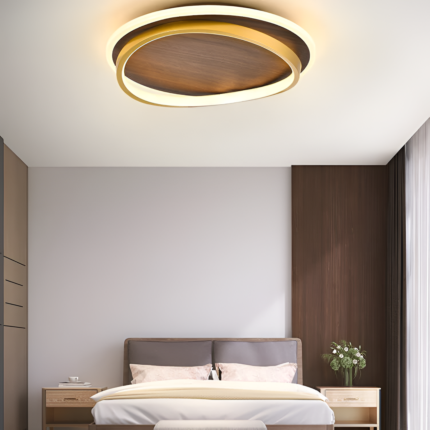 Moderne dæmpbar loftslampe i trælook – minimalistisk