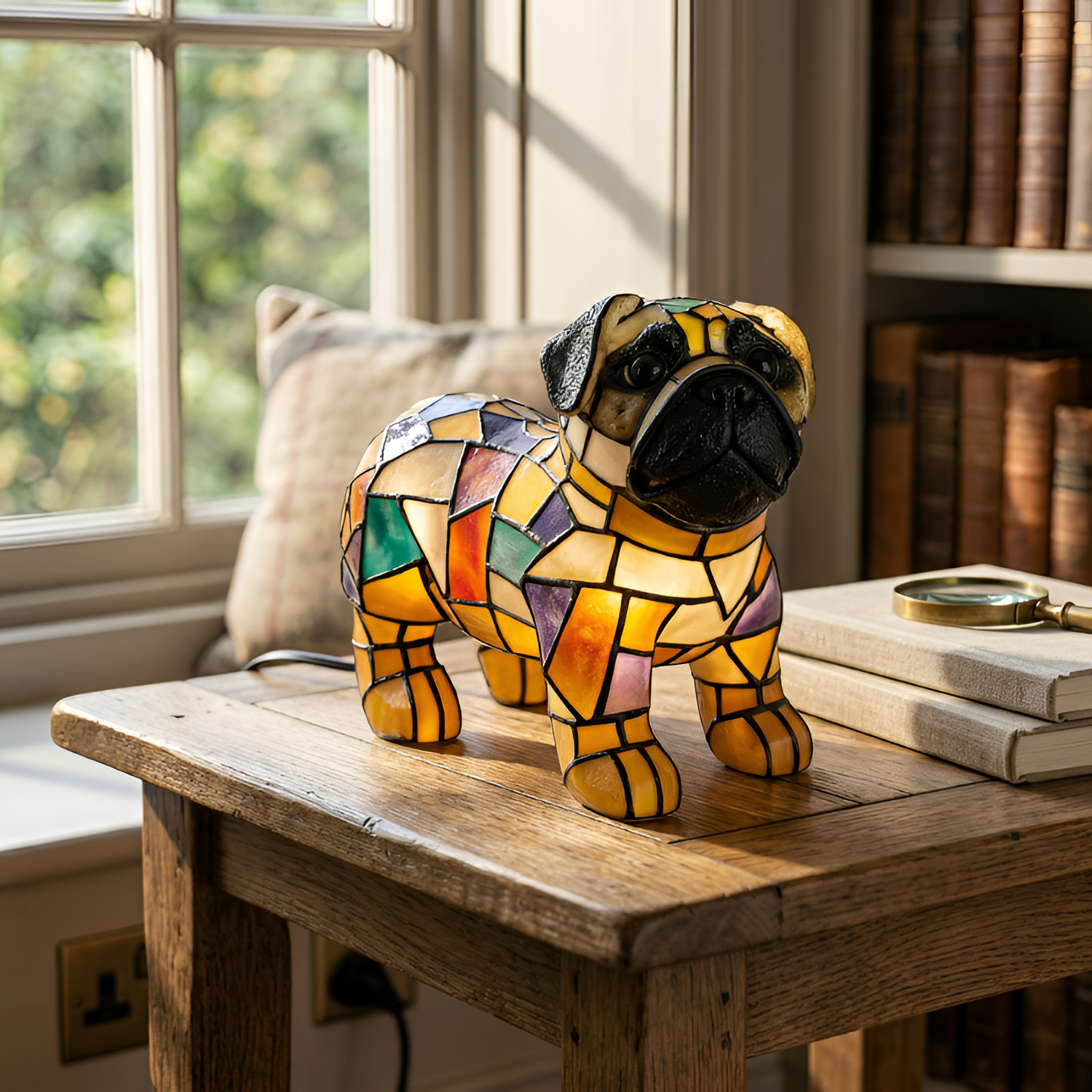Stained Glass Mops Bordlampe - Farverig Dyreindretning