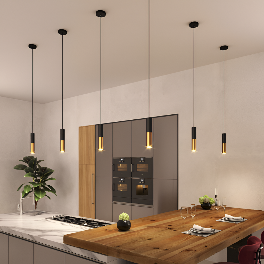 Sort og Messing Pendellampe - Moderne Cylindrisk Lampe