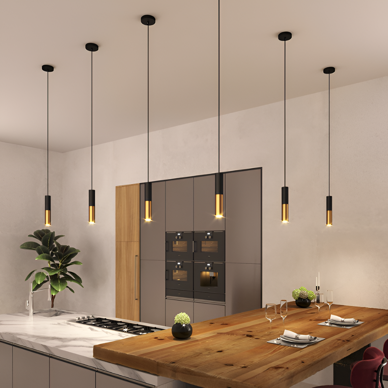 Sort og Messing Pendellampe - Moderne Cylindrisk Lampe