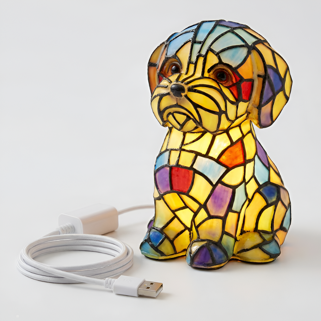 Glaseret Hvalp Bordlampe med USB - Natlampe til Børneværelse