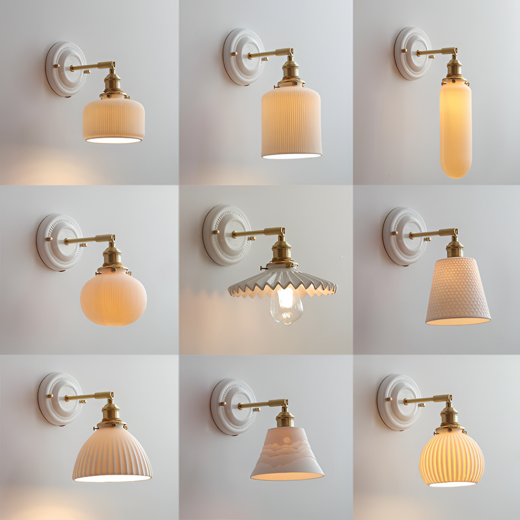 Vintage rund keramisk væglampe i messing – traditionel