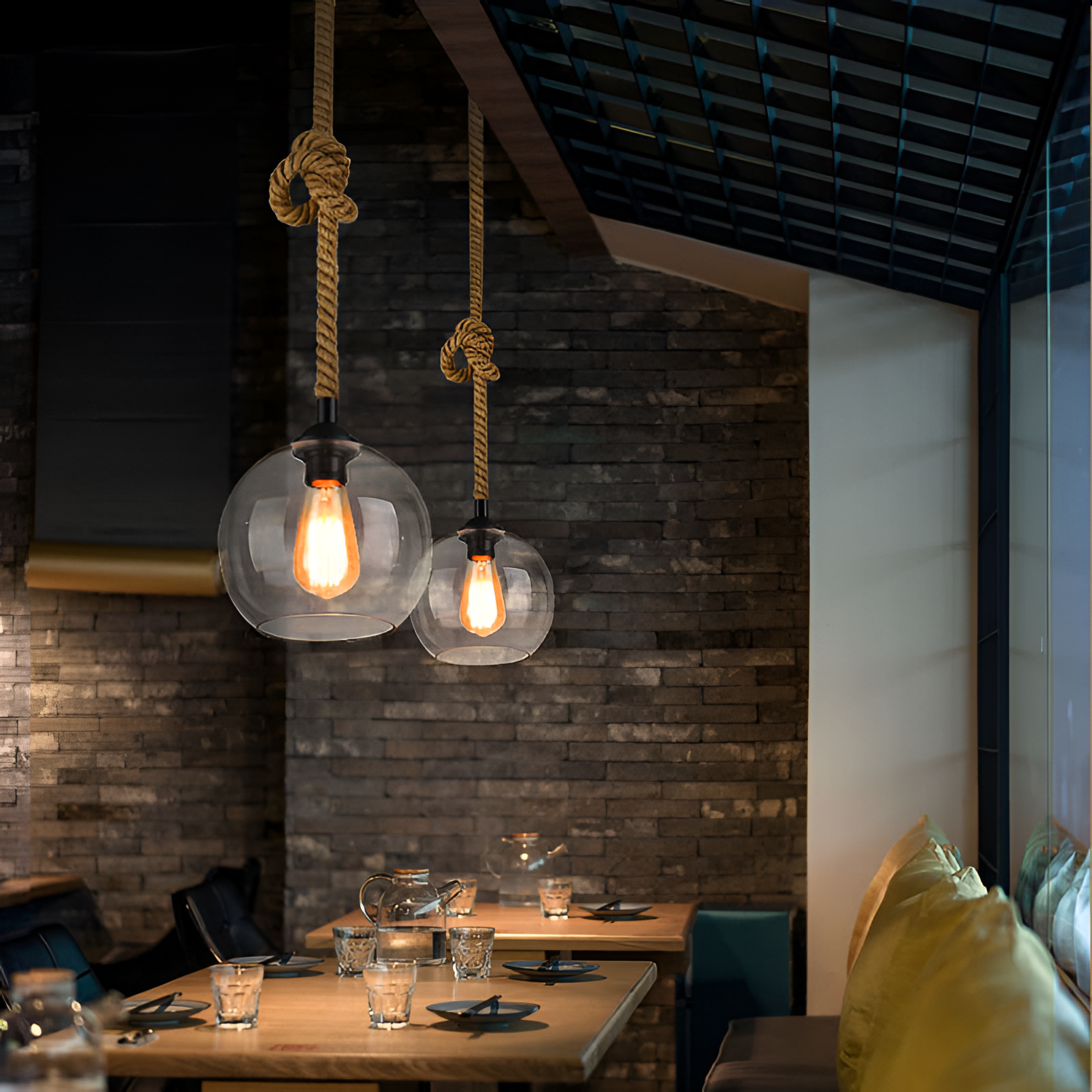 Retro industriel pendel i sisal med glaskuppel – med flettet reb
