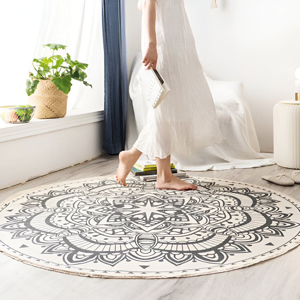 Mandala-mønstret Rundt Gulvtæppe Med Kvaster - Indretning Boho