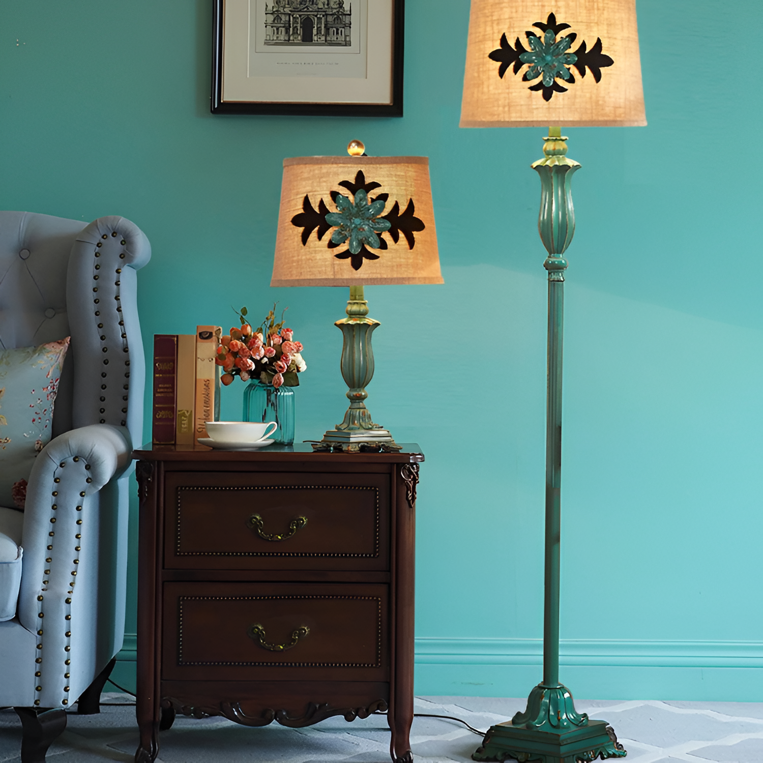 Antik floral gulvlampe - Med bordbakke