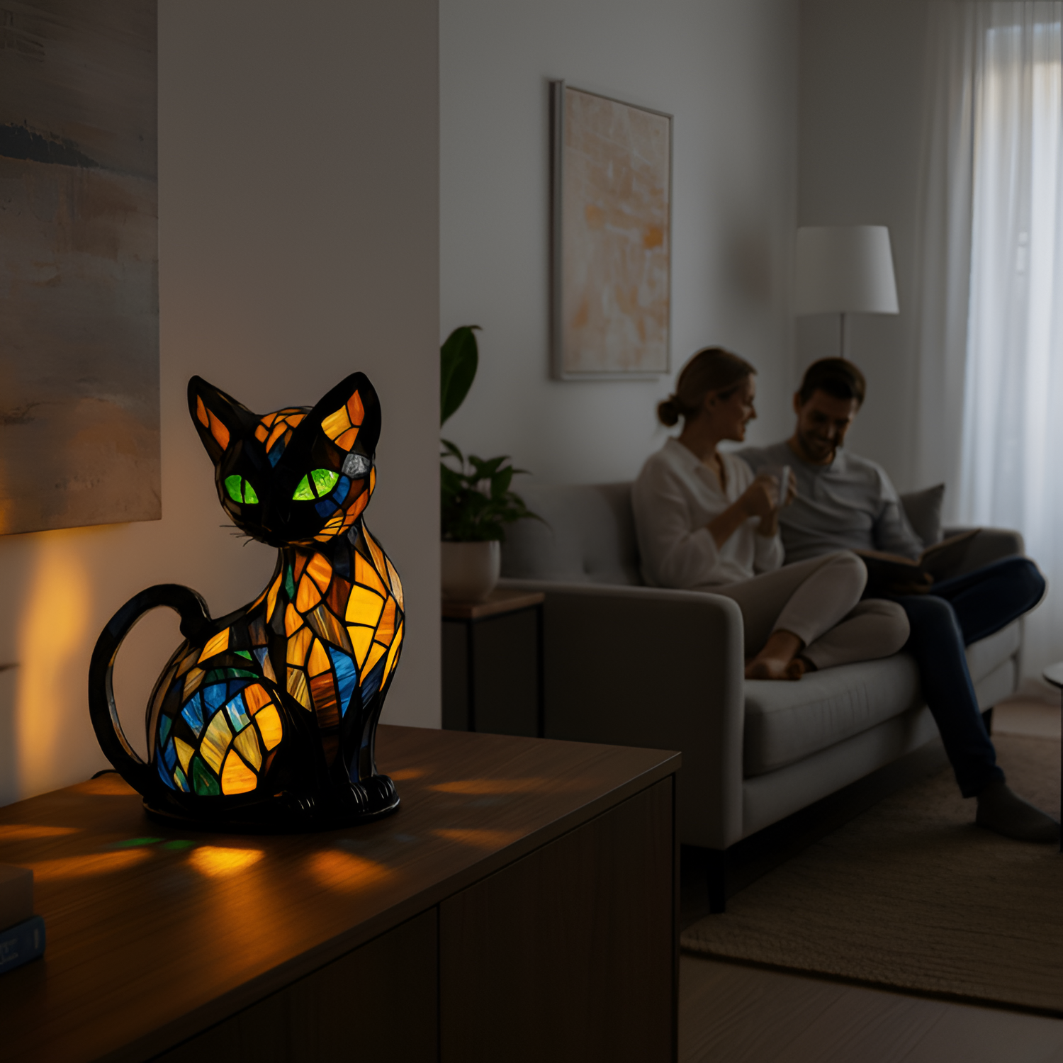 Mosaik Katte Bordlampe - Farverigt Glas til Stuen LED