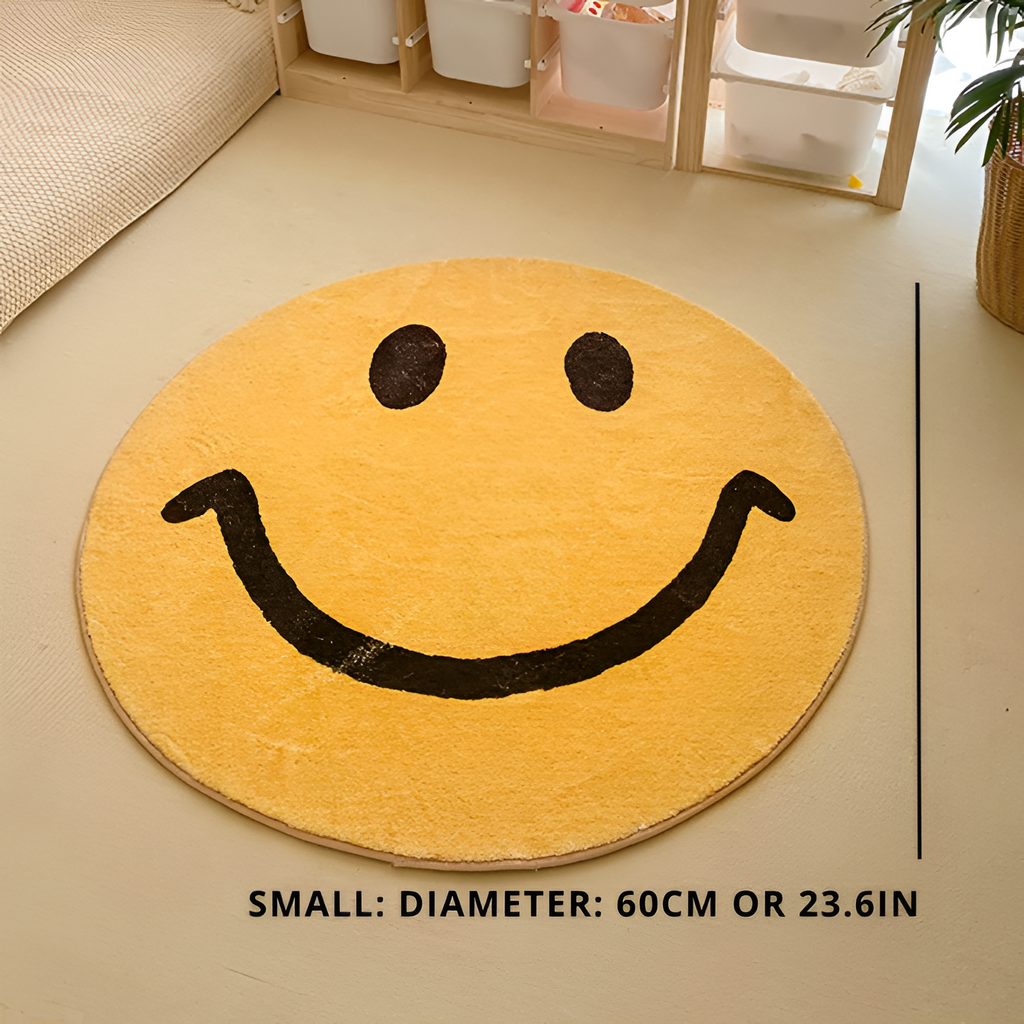 Smiley Ansigt Rundt Gulvtæppe - Gul Dekoration til Stuen