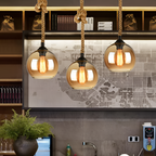 Retro industriel pendel i sisal med glaskuppel – med flettet reb