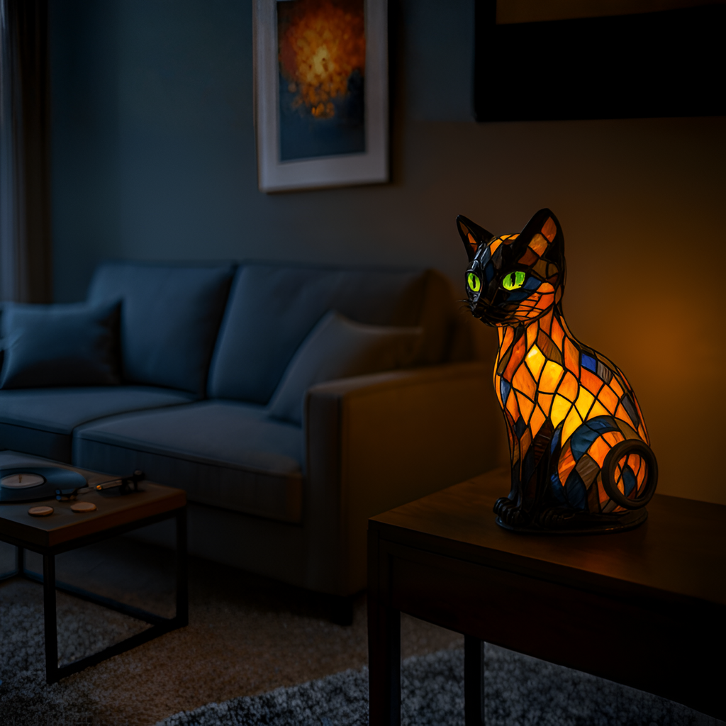 Mosaik Katte Bordlampe - Farverigt Glas til Stuen LED
