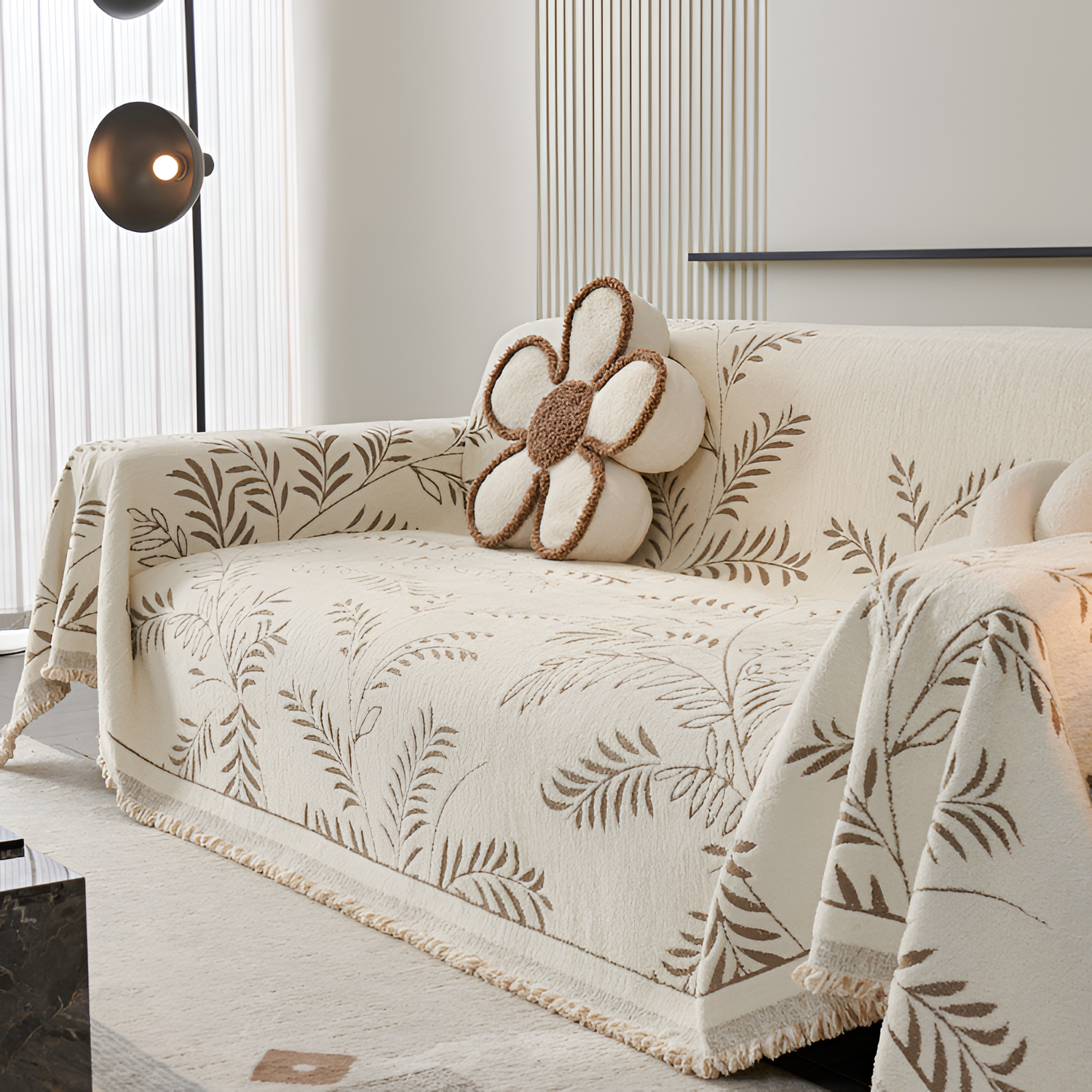 Minimalistisk Frynse Sofa Tæppe - Botanisk