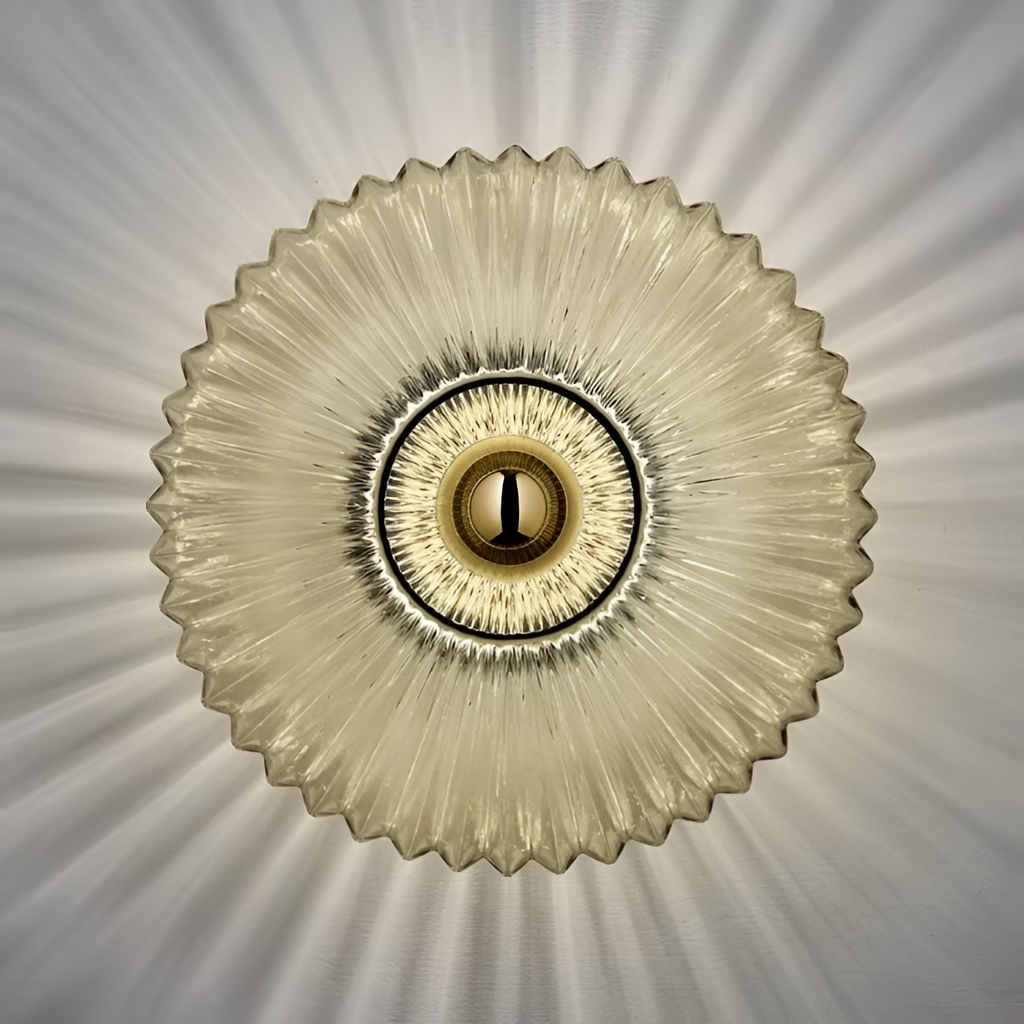 Retro-lampe i ribbet glas med bølgemønster – lysdæmpbar