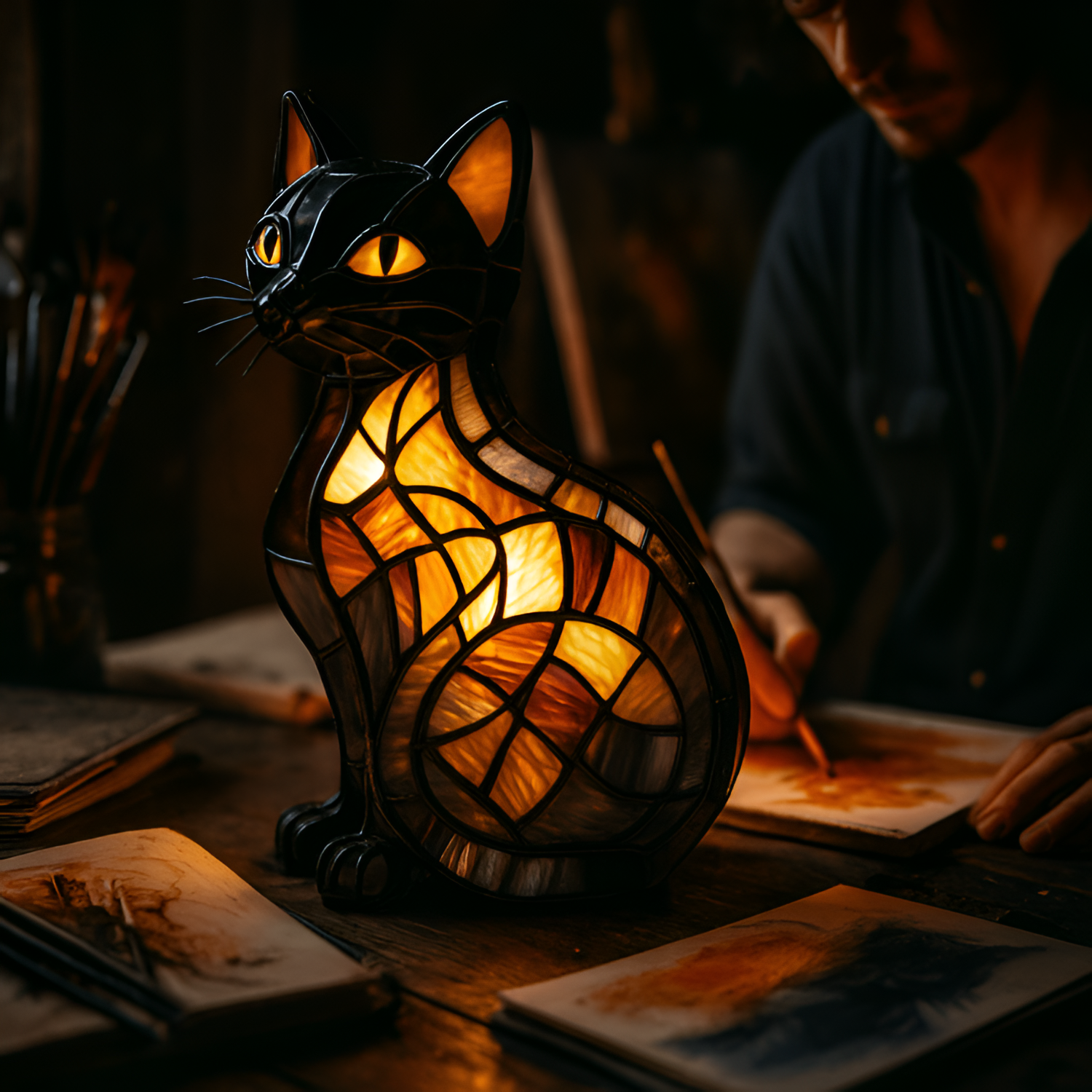 Mosaik Katte Bordlampe - Farverigt Glas til Stuen LED