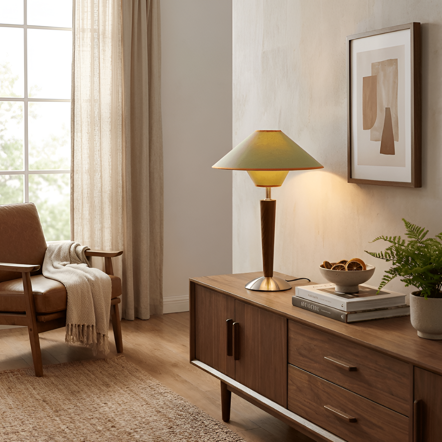Vintage Massivt Træ Linned Bordlampe - Minimalistisk