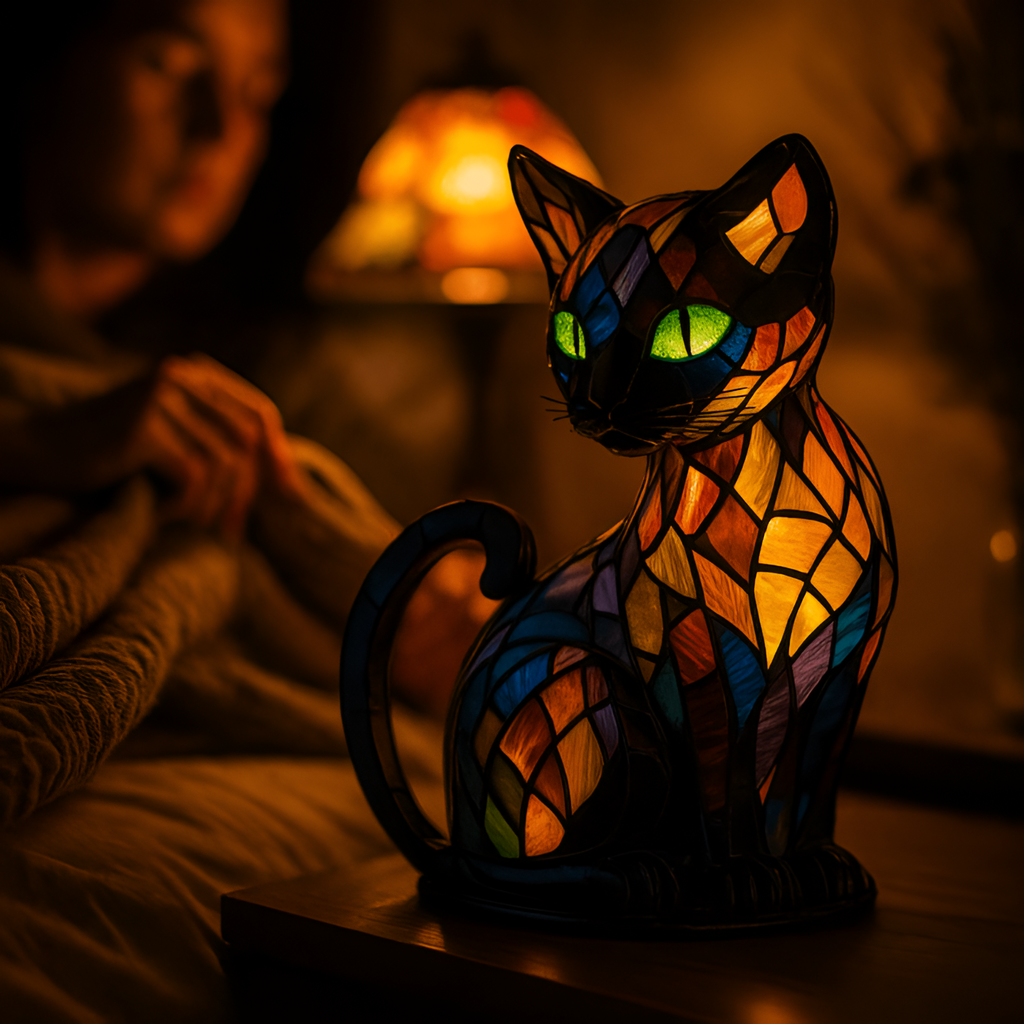 Mosaik Katte Bordlampe - Farverigt Glas til Stuen LED