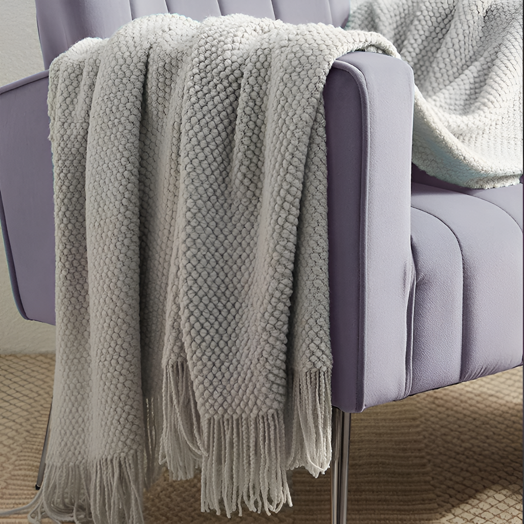 Grovstrikket Plaid Med Frynser - Minimalistisk