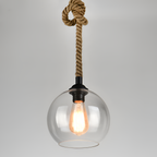 Retro industriel pendel i sisal med glaskuppel – med flettet reb