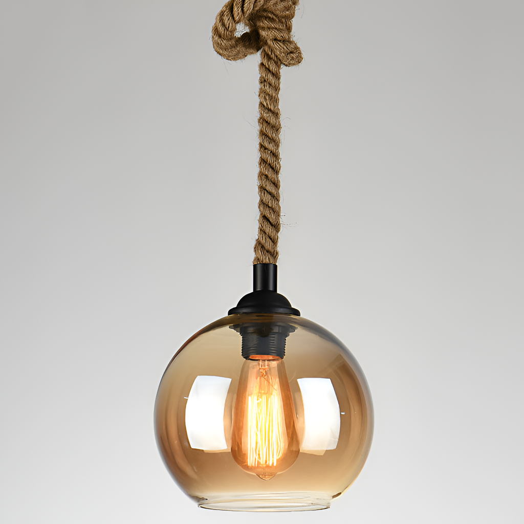 Retro industriel pendel i sisal med glaskuppel – med flettet reb