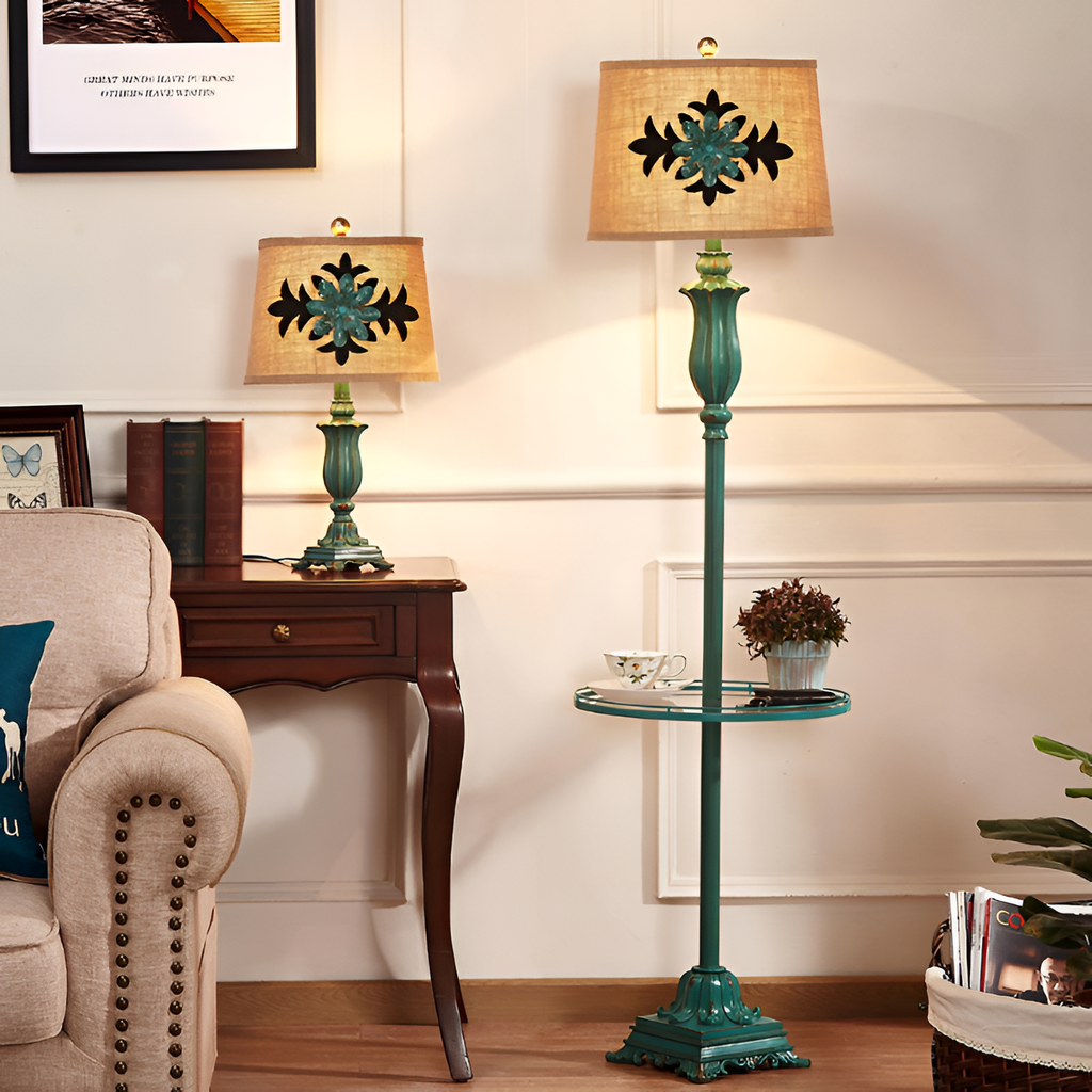 Antik floral gulvlampe - Med bordbakke