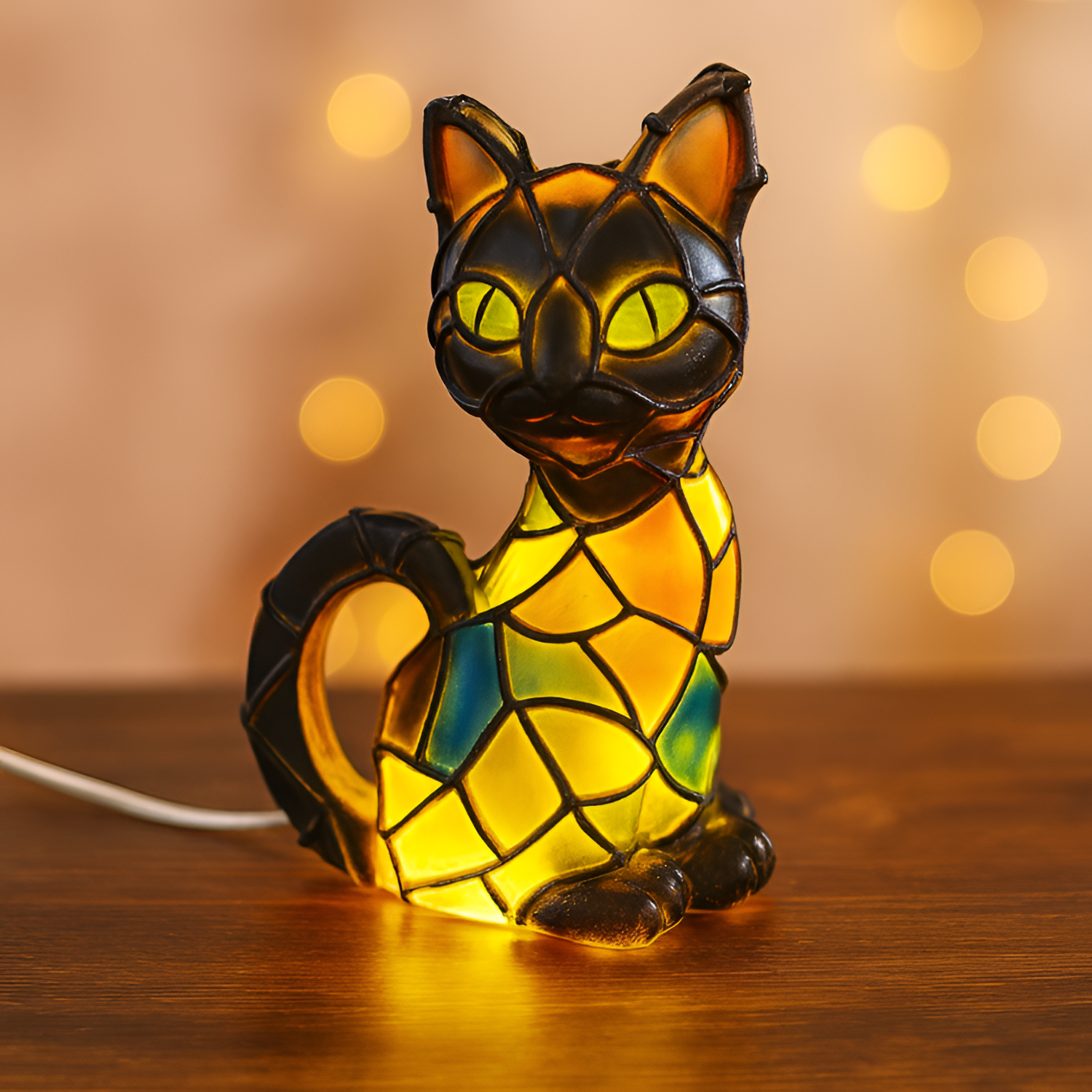 Stained Glass Sort Kat Accentlampe - Stemningsfuld Borddekor